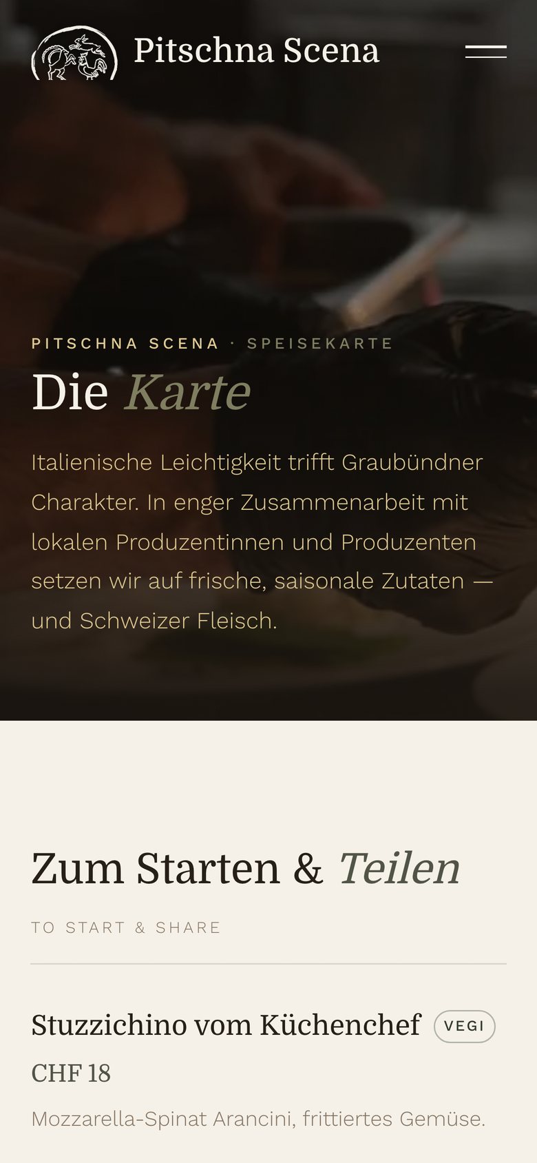 Speisekarte eines Restaurants als Webseite auf dem Smartphone